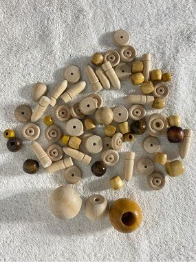 5/$35 Mixed Lot of Assorted Wooden Craft Pieces Beads Knobs Turnings 69pcs